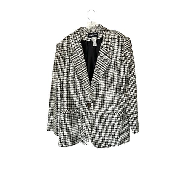 Vintage Gray White Houndstooth Academia Wool Blend Oversized Blazer Size 16 - Picture 1 of 12